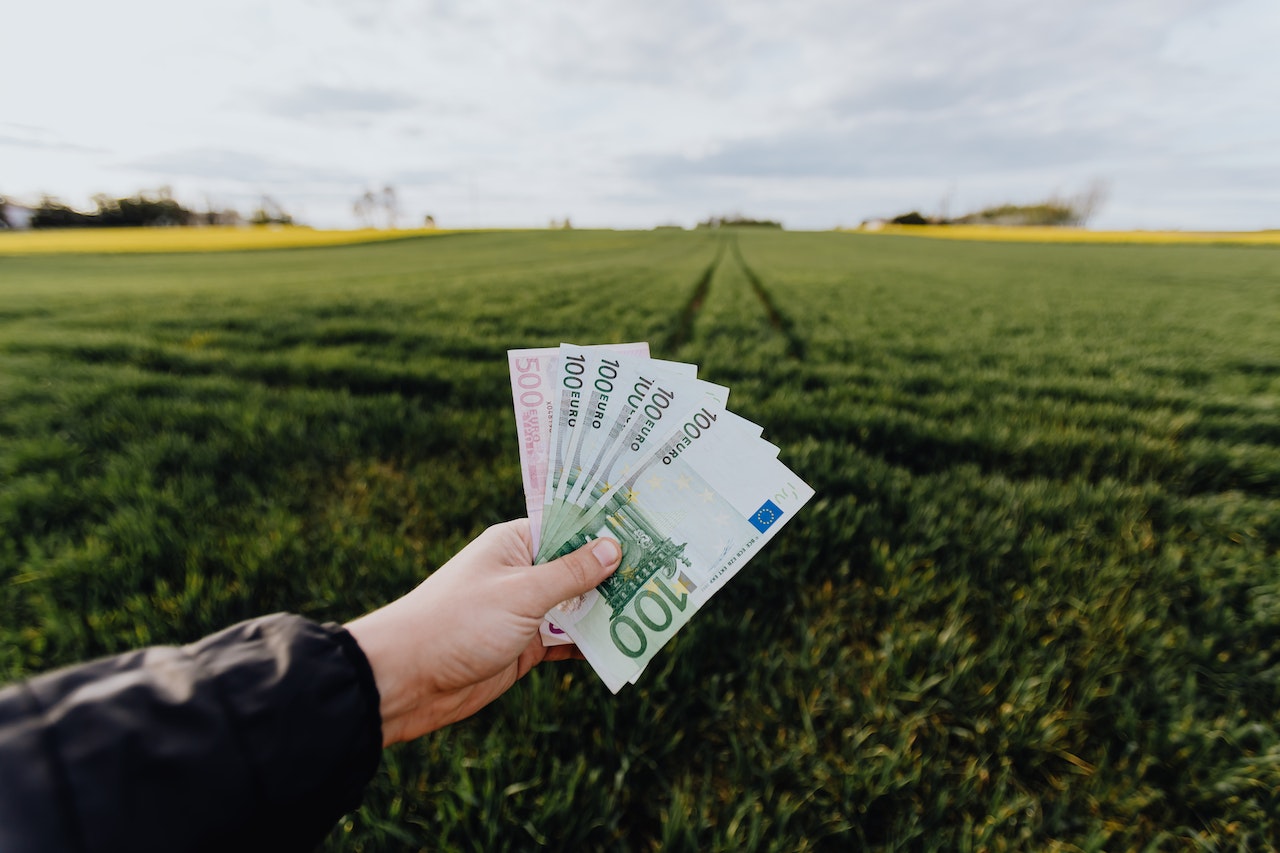 A hand holding fanned out 100 euro bills in front of a grass field